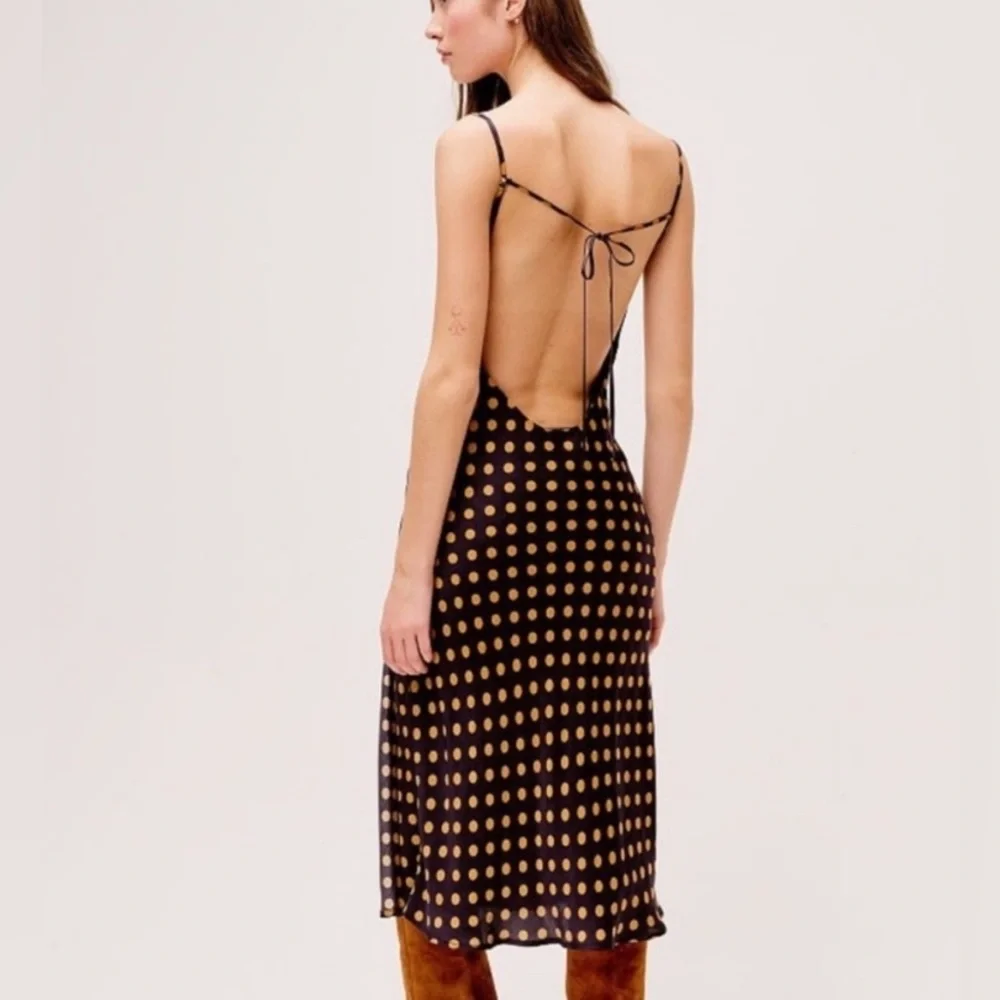 For love & lemons Morgan satin rust polka dot cowl neck open back slip dress